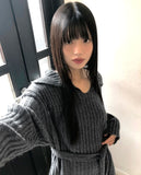 [Belt + Knit SET] Liha Open Collar Waistband Two-Way V-Neck Long Knit