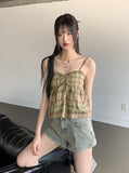 Rifen Check Cap Shirring Ribbon Flare Strap Sleeveless