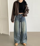 Curved Cut Wide Fit Denim Pants