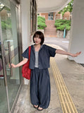 [BAONHAUS] Teltu Dot Raw Denim Hood Short Sleeve Blouse