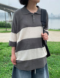 [Unisex] Minke Boucle Stripe Collar Short Sleeve Knit