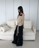 Bimu rib strap sleeveless layered off-shoulder long sleeve T-shirt