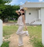 Striped flare string sleeveless wide banding pants two-piece