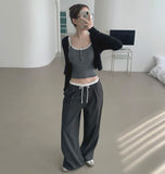 Color Matching Banding Side Zipper Pintuck Wide Slacks Pants