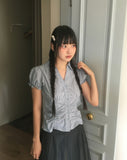 Pique Check V-Neck Shirring Puff Short Sleeve Blouse