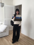 Wool Stripe Color Matching Button Round Long Sleeve Knitwear