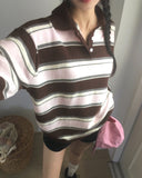 Kippek Stripe Color Matching PK Collar Knit