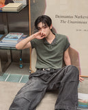 Wheat Pigment Rib Muscle Henley Neck Short Sleeve T-shirt