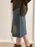 Barmmet Vintage Washing Slit Half-Length Midi Denim Skirt