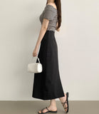 Stripe Span Off-shoulder Slim Fit Basic Length Short Sleeve T-shirt