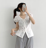 Balloon Soft Fit Ribbon Strap Short Sleeve Blouse
