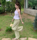 Frill Stripe Vacation Look Summer Wide Banding Pants