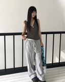 Satin Linen Stripe Wide Banding Long Pants
