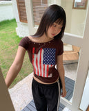 Richin American Flag Stud Rivet Unbalanced Off-shoulder Short Sleeve T-shirt