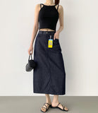 Summer Cooling Non-Fade Back Slit Loose H-Line Long Denim Skirt