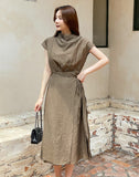 Foven Cowl Neck Wrinkle Banding Wrap Long One Piece