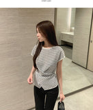 Side Button Wrap Drape Twist Shirring Short Sleeve Knit