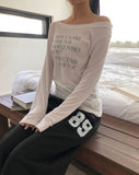 Dokken Lettering See-through Off-shoulder Long Sleeve T-shirt