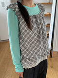 Vinca Check Shirring Sleeveless Bustier Blouse