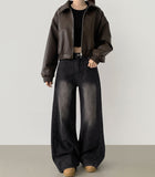 Autumn Pocket Zipper Loose Fit Leather Two-Way Crop Jacket
