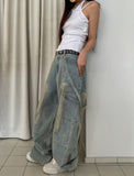 Dirty Washed Keychain Strap Carpenter Denim Pants
