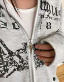 Hummus Lettering Print Stripe Color Matching Snap Button Long Sleeve Hood Zip-Up