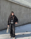 Rising black blue strap wide pants
