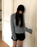 Lenin Button High Neck Hooded Long Sleeve Knit