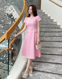 Sebit Heart-Neck Tulip Tweed Flared Long One Piece