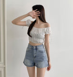 Side Slit Point Washing Denim Shorts