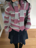 [Muffler Set] Jes Fur Stripe Color Matching Collar Knit Long Sleeve Cardigan