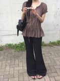 Rimae See-Through Frill Shirring Ribbon Short Sleeve Blouse
