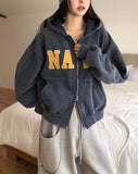 Navy Lettering Brushed Washing Hood Zip-Up