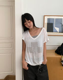 Chuking Cross Stud See-Through V-Neck Short Sleeve T-Shirt