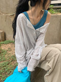 Dre Stripe Summer Button Off-Shoulder Long Sleeve Tee