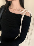 Fortwo Unbalance Off Shoulder Ribbon Ribbed Knit