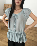 Serine Tiered Ribbon String Wrinkle Short Sleeve Blouse