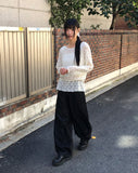Ui punching ribbon strap round neck see-through long-sleeved knit