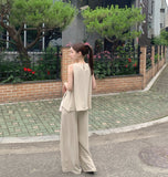 Linen Sleeveless Banding Long Wide Two-Piece Set Vacation Look Summer Outfit