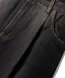 Black Deep Washing One-Tuck Denim Half Pants