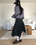 [Belt SET] Poor cut washed unbalanced cotton midi skirt