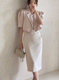Beilb Linen Puff Collar Check Crop Jacket