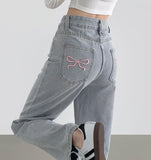 Pink Ribbon Embroidery Point Light Blue Wide Denim Pants