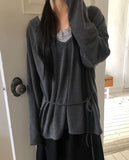 Nocket String Loose Fit V-neck Long Sleeve T-Shirt