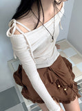 Twill Ribbon Strap Off-Shoulder Slit Cropped Long Sleeve T-Shirt