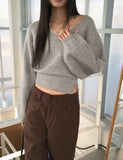 Bien off-shoulder two-way button open V-neck long-sleeved knitwear