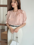 Love It Tie Diagonal Frill Puff Blouse