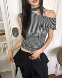 [Strap SET] Kinble Slim Fit Striped Cap Sleeve Off-Shoulder T-Shirt