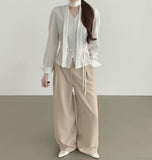Waist Strap Neck Tie Balloon Puff Blouse