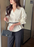 Doberin Open Collar Pintuck Blouse (Belt Set)
